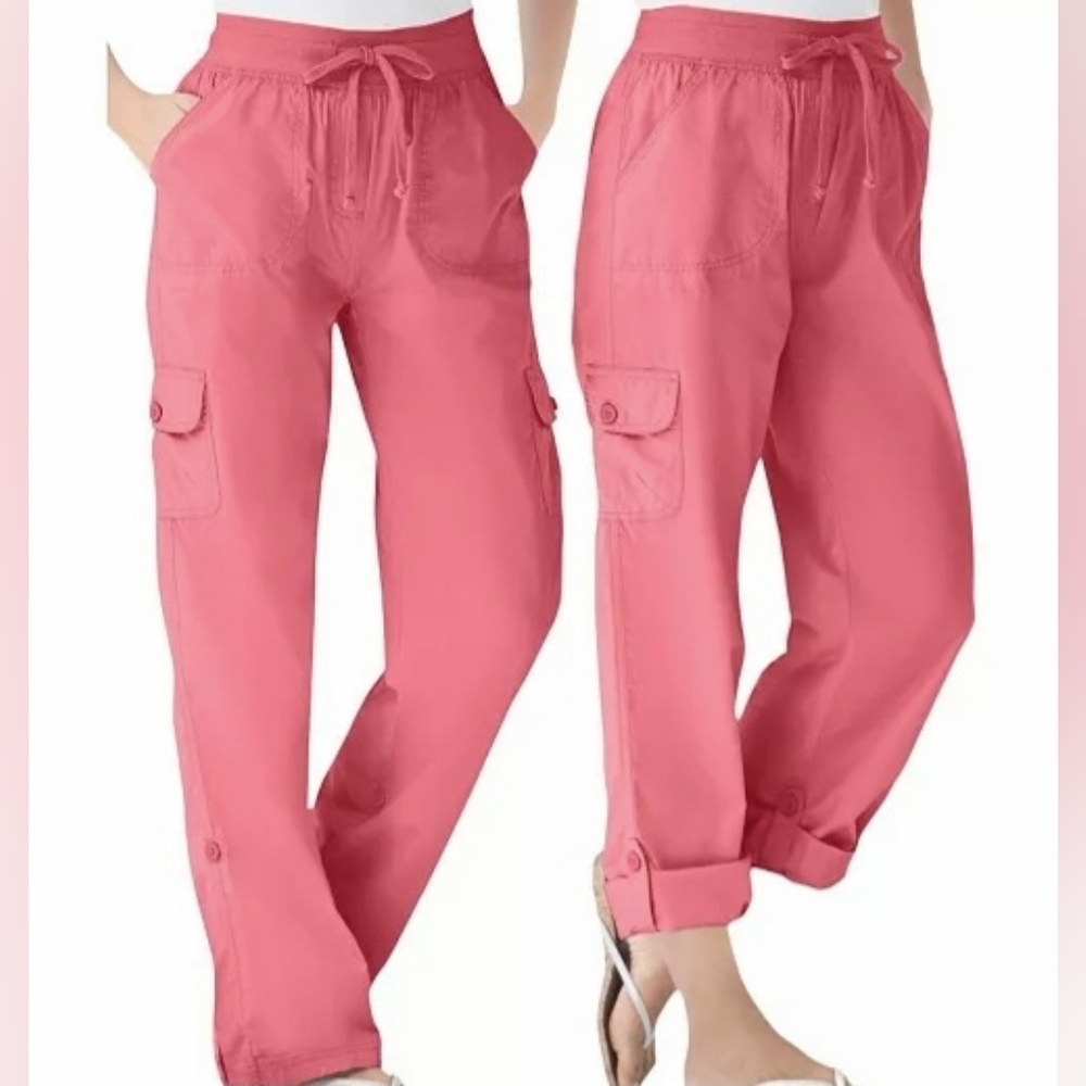 Inc Macy's 100% Linen Cargo Roll Tab Hot Pink Pants Women's Sz 8